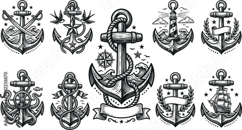 Photos Vintage nautical anchor vector illustration set with marine lighthouse ship whee