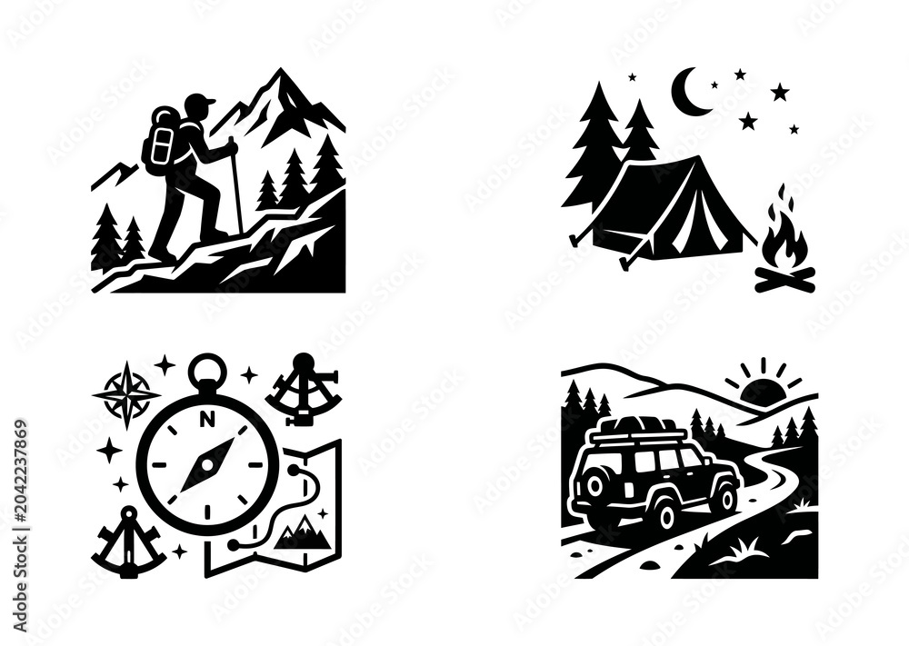 Obraz premium Collection of black and white vector icons representing outdoor adventure, featuring hiking, camping, navigation, and off-road travel for wilderness exploration