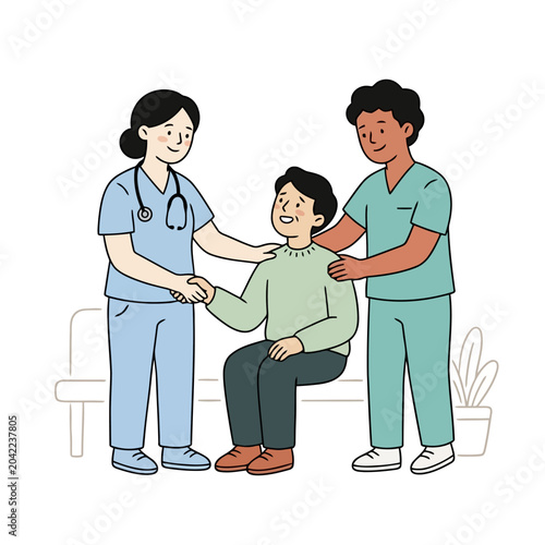 Billede på lærred Doctor and nurse assisting recovering patient, offering support and encouragement during rehabilitation