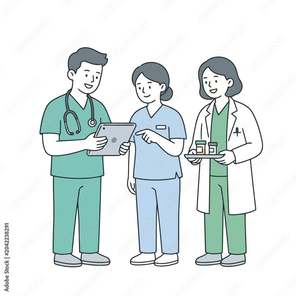 Fototapeta premium Healthcare team discussing patient records using digital tablet in medical clinic hallway.
