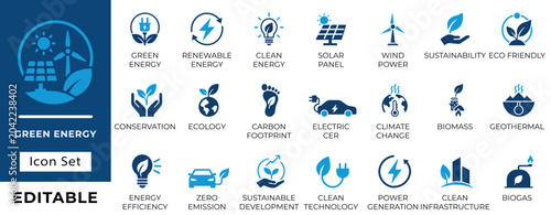 Green Energy Renewable Power Icon Set. Editable vectors for solar, wind, sustainability and clean technology.