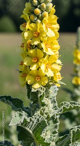 Tall stalk of vibrant yellow wildflowers, soft green fuzzy leaves, blurred background