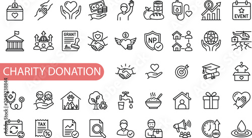 Schilderij op canvas charity donation line icon set featuring finance, community, funding, donation,