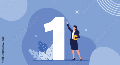 Professional businesswoman in a dark suit points upward next to a giant white number one on a blue abstract background.