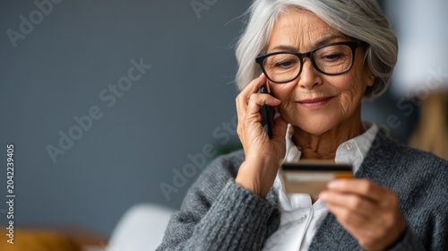 Smiling elderly woman with gray hair using a phone and holding a credit card.