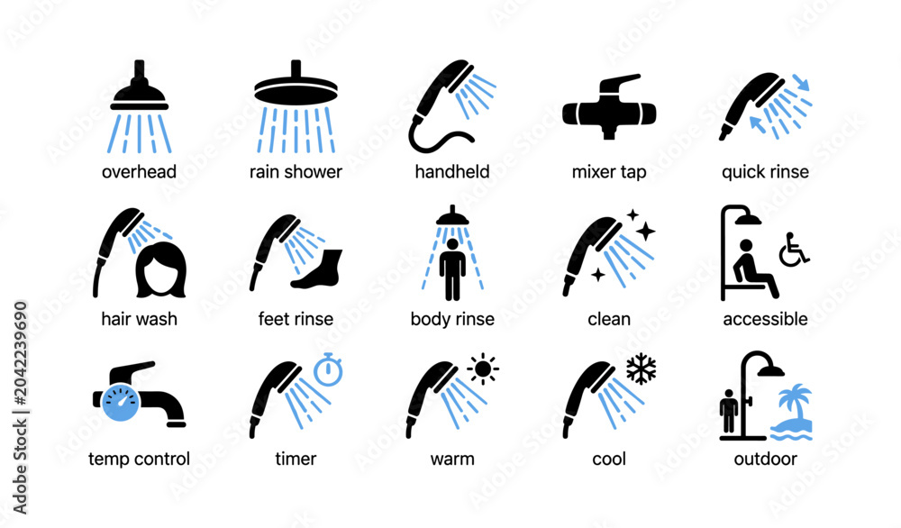 Obraz premium Shower and rinse icons showing shower types and accessibility