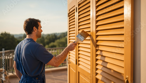 Handsome male painter in blue overalls using a brush to apply fresh varnish on outdoor wooden window shutters standing on a sunny balcony with a scenic view