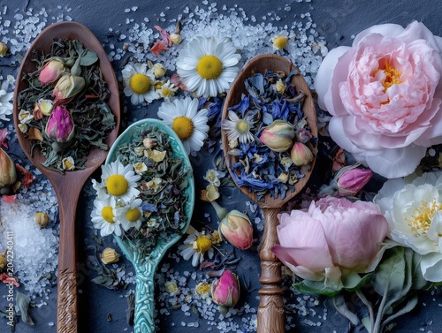 Flat lay of three spoons filled with assorted dried herbal tea blends,