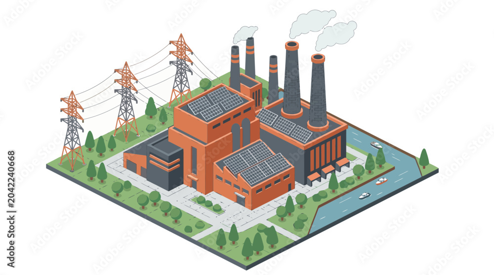 Naklejka premium Isometric 3D illustration of modern industrial factory complex with smokestacks and solar panels near river, representing sustainable energy and illustrating eco friendly manufacturing