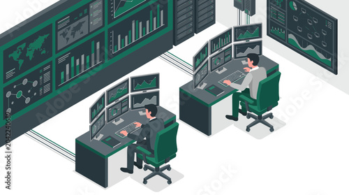 Two professional analysts working in a modern data center with multiple monitors and wall charts, illustrating global business monitoring and provides efficient network management solutions