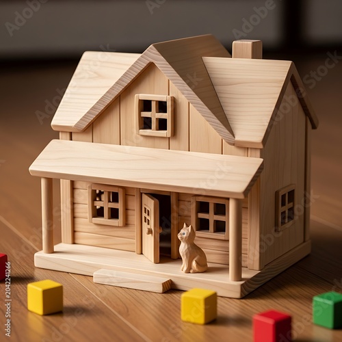 Tiny wooden house with a cat and blocks on a floor