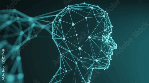 human head wireframe model futuristic digital technology network connectivity neural brain side view geometric polygonal abstract science innovation artificial intelligence data