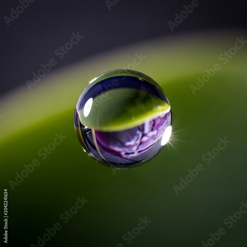 Tiny world captured in a perfect water droplet on a green leaf