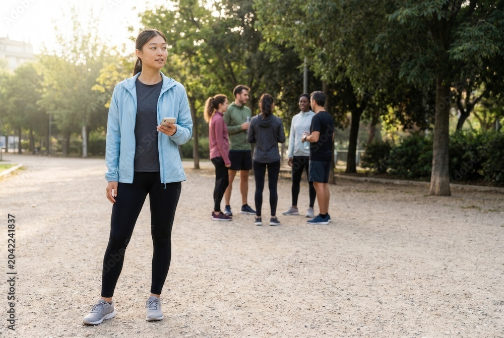 Obraz premium Asian woman standing with smartphone while friends talk in park, preparing for exercise