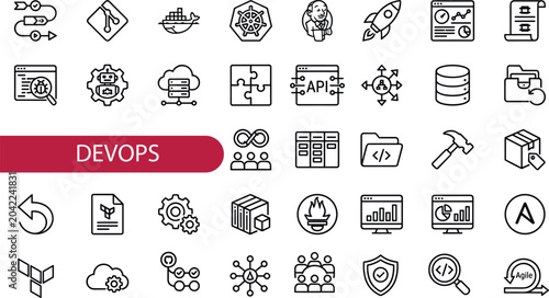 DevOps and software development line icon set featuring devops, development, software, technology, automation, cloud, integration, deployment, engineering, infrastructure
