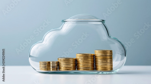 Cloud glass jar with stacked gold coin piles showing cost growth and savings for cloud finance optimization