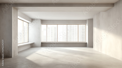 A spacious empty interior featuring large windows that allow natural light to fill the room, ideal for modern design inspiration.