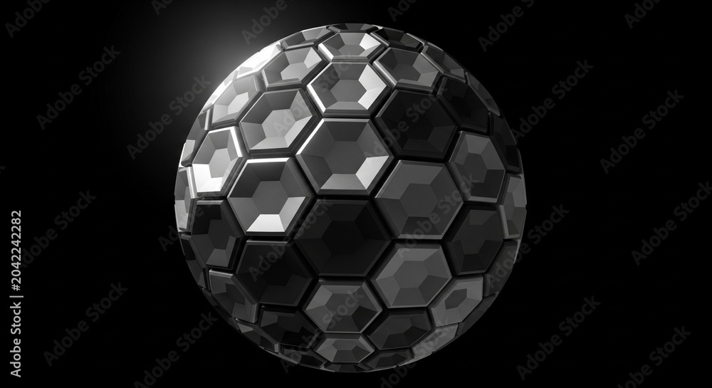 Fototapeta premium Abstract sphere of metallic hexagonal tiles on black background with light highlights. Modern geometric design, 3D rendering.