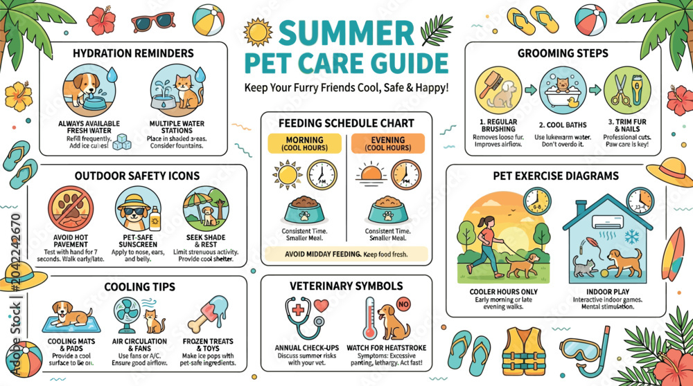 Naklejka premium Pet care guide provides essential summer safety tips and schedules for maintaining the health of dogs and cats.