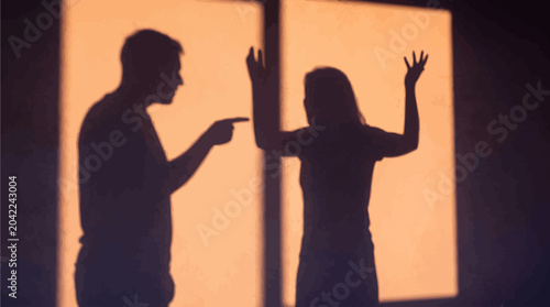 Dramatic dark silhouettes of young couple fighting and gesturing in anger behind translucent frosted glass background