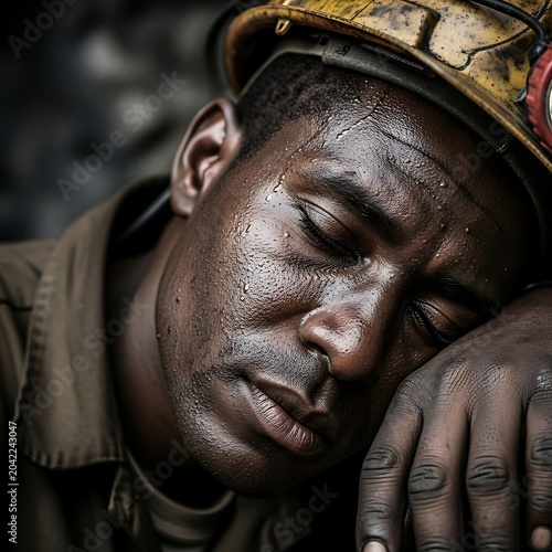 Tired miner rests head on arm, eyes closed, sweat glistening on face