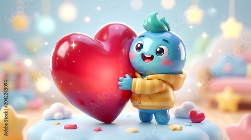 Adorable blue cartoon character wearing a yellow striped hoodie happily hugging a giant shiny red heart while smiling in a whimsical bright room filled with soft glowing pastel star decorations