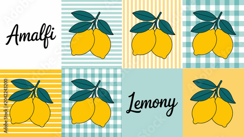 Fényképezés lemons on patterned backgrounds fruit citrus pattern yellow green stripes checke