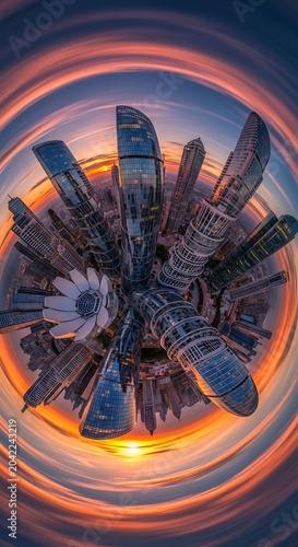 Tiny planet cityscape at sunset with orange sky and futuristic buildings