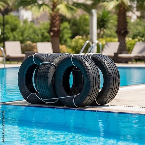 Tires secured with rope near a sunlit swimming pool with palm trees