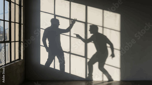 Stark shadows of two men arguing and gesturing aggressively projected on frosted glass office partition screen