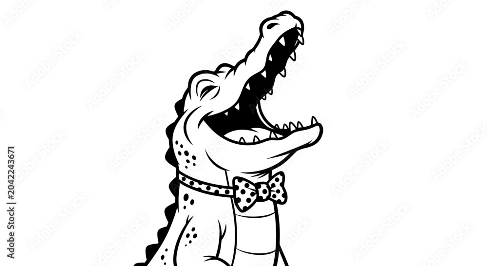 Fototapeta premium Cartoon Alligator with Bow Tie, Mouth Open, Funny Animal Vector Illustration