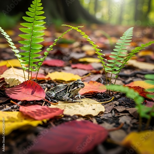 Toad sits amidst vibrant autumn leaves and lush green ferns in a sunlit forest