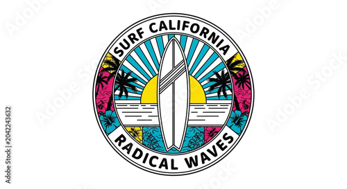 California Surf Radical Waves Emblem - Retro Sunset Beach and Palm Trees