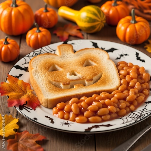 Toasted bread carved into a smiling jack-o'-lantern face, served with baked beans