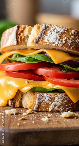 Toasted bread sandwich layered with melted cheese, tomatoes, lettuce, and onion