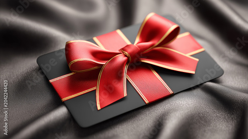 Luxurious gift card with a red ribbon and bow on a dark background - a concept for premium shopping and an exclusive gift.