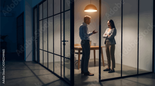 Serious business meeting or couple argument inside dimly lit office room under single hanging lamp light background