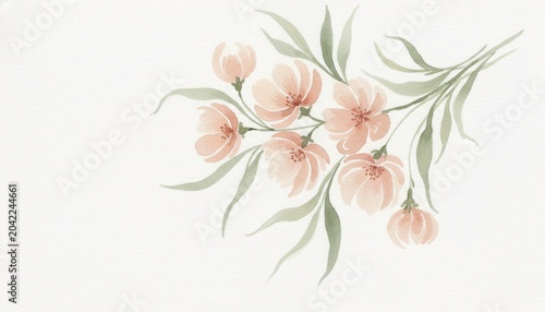 Delicate Floral Arrangement with Soft Pink Flowers and Green Leaves on White Background