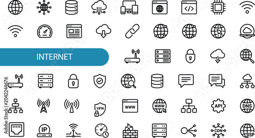 Internet line icon set featuring network, web, connectivity, cloud, browser, technology, and digital connection.