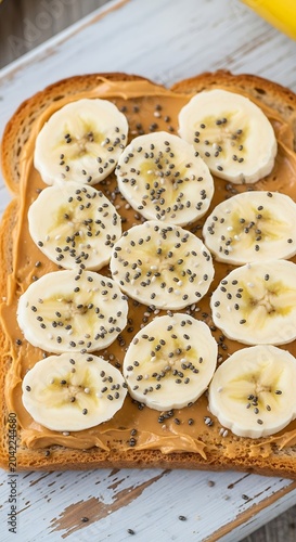 Toasted bread with peanut butter, banana slices, and chia seeds