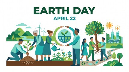Earth Day April 22 concept illustration with diverse people planting trees and saving the planet