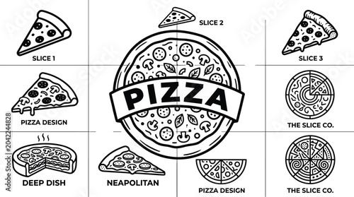 Foto Set of black and white pizza logo templates and vector icons featuring various s