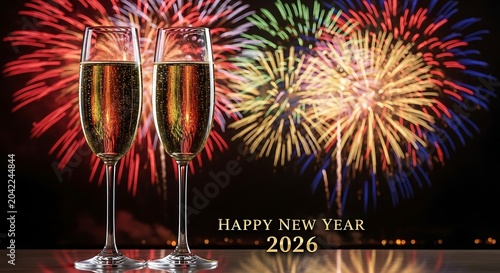 Toasting the new year with bubbly champagne as fireworks illuminate the night sky