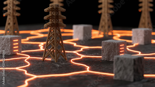 Miniature power grid towers and glowing circuit paths linking concrete blocks in dark abstract energy network scene with warm light ambiance