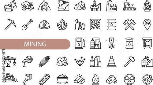 Mining line icon set featuring coal, extraction, industry, machinery, energy, minerals, and resources. Professional editable vector 