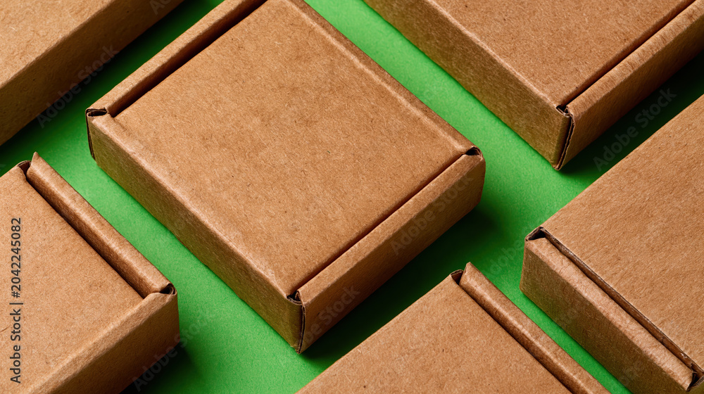 Fototapeta premium Recycled kraft cardboard box arrangement on green background conveying eco friendly packaging and sustainable shipping mood