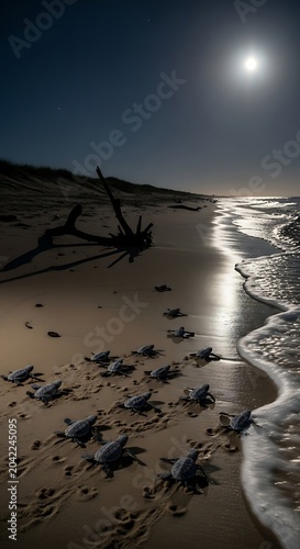 Tiny sea turtle hatchlings trek across sandy beach towards moonlit ocean waves