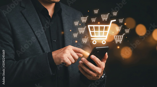 Businessman using smartphone for online shopping and e-commerce experience