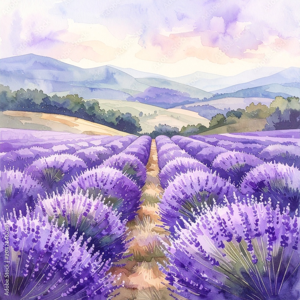 Obraz premium Lavendelfeld in sanfter Aquarelloptik