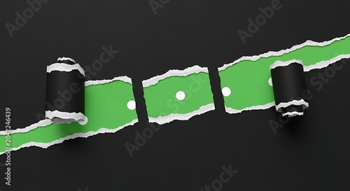 Torn black paper reveals bright green background with white dots